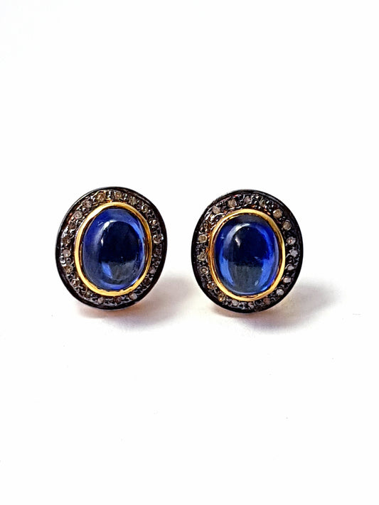 Pave Rosecut Diamond 925 Sterling Silver Handmade Pave Diamond With Beautiful Blue Stone In Canter Earring Stud