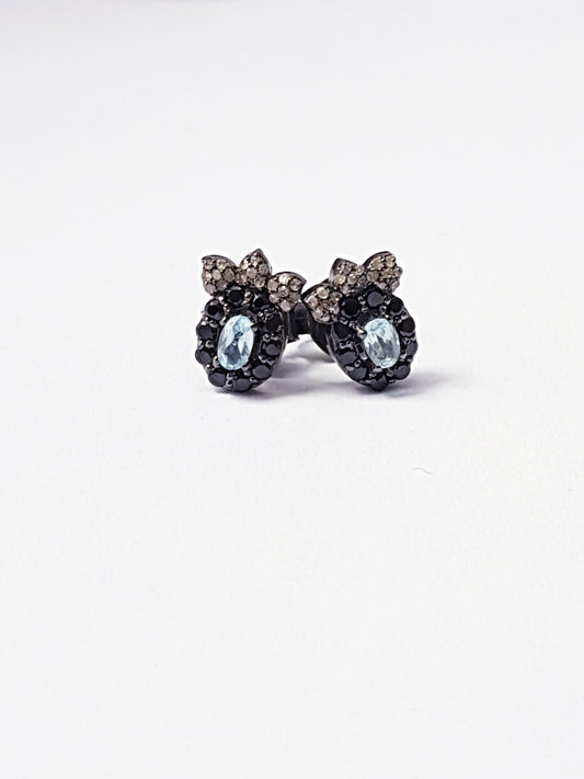 Pave Rosecut Diamond 925 Sterling Silver Handmade Pave Diamond Setting Earring Stud With Beautiful Black Stone And Blue Topaz