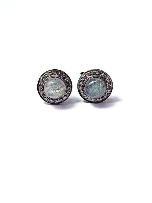 Pave Rosecut Diamond 925 Sterling Silver Handmade Pave Diamond Setting With Labrodorite  Stone Earring Stud