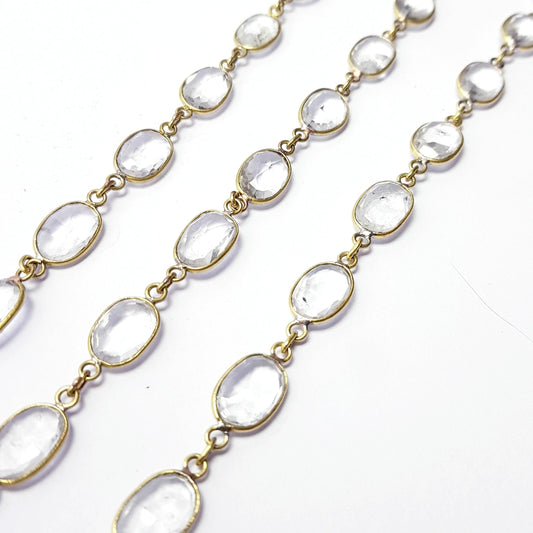 Fine quality clear natural crystal  stone handmade bezel settings link chain, healing natural stone crystal designer link chain