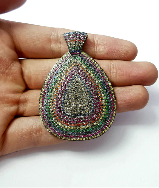 One of kind Multi Color pave sapphire designer Rosecut pave diamond pendant 925 sterling silver handmade finish diamond jewelry pendant