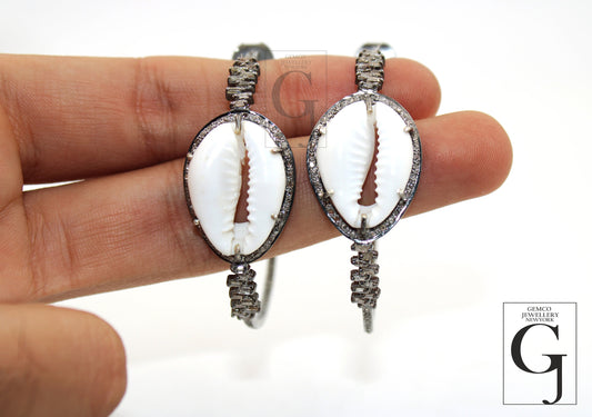 One of a kind cowrie designer Rosecut pave diamond hoop earrings 925 sterling silver handmade silver finish buguets diamond round earrings