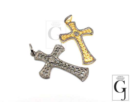 One of a kind Cross designer diamond pendant Rosecut pave diamond pendant 925 sterling silver handmade finish diamond charm necklace pendant