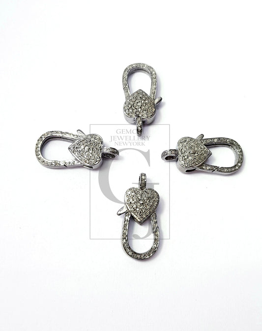 Heart Design Rosecut Pave Diamond Lobster Design Clasp 925 Sterling Silver Handmade Finish Diamond Clasp With Matching Jump Ring