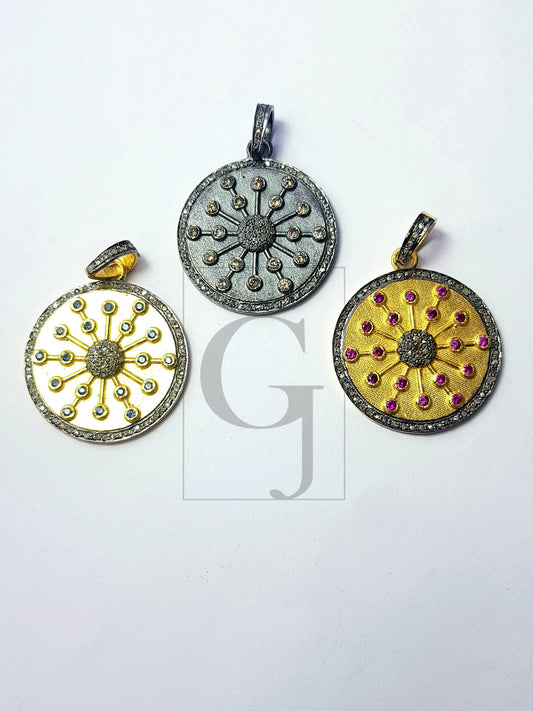 Latest design Rosecut pave diamond pendant 925 sterling silver handmade finish circle shaped starburst design diamond pendant jewelry