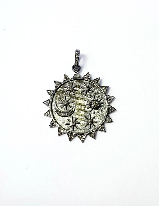 One of kind sunburst designer Rosecut pave diamond pendant 925 sterling silver handmade finish diamond jewelry pendant