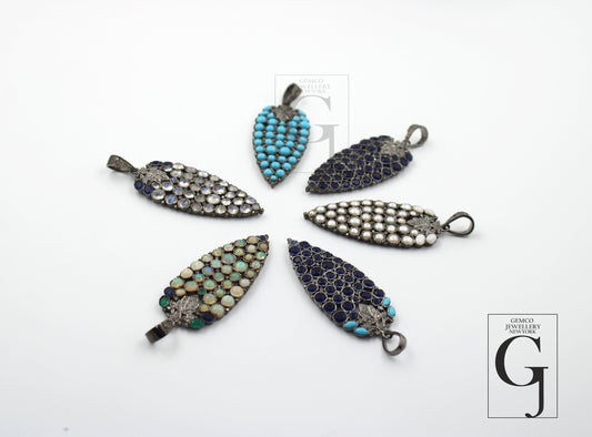 Opal,sapphire,pearl,turquoise,moonstone Rosecut pave diamond pendant 925 sterling silver handmade finish diamond jewelry necklace pendant