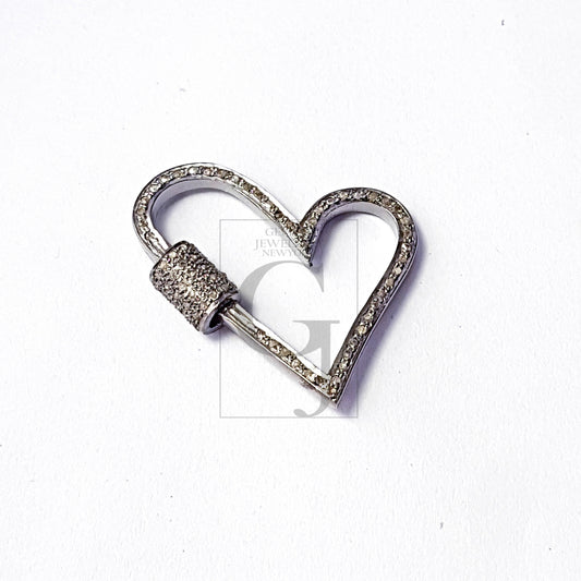 Pave Diamond Clasp,Lobster Clasp Screw Design Heart Shape Pave Rosecut Diamond, 925 Sterling Silver Handmade Clasp Lock, Diamond Heart Clasp