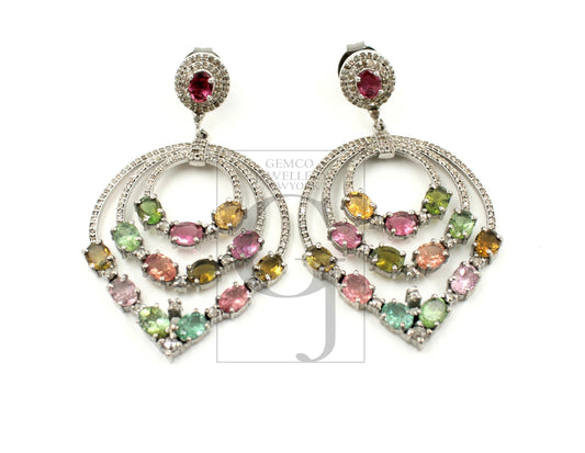 One of a kind multi coloured tourmaline stone designer earring Rosecut pave diamond 925 sterling silver handmade silver finish earring
