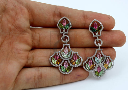 One of a kind unique design Natural multi colored tourmaline stone with rosecut diamond pave setting diamond earring designer  earring