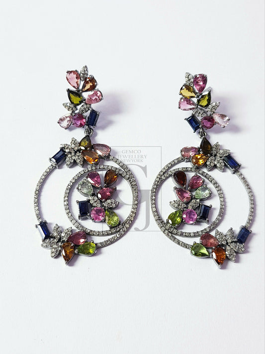 One of a kind sapphire and tourmaline designer Rosecut pave diamond earrings 925 sterling silver handmade silver finish diamond earrings