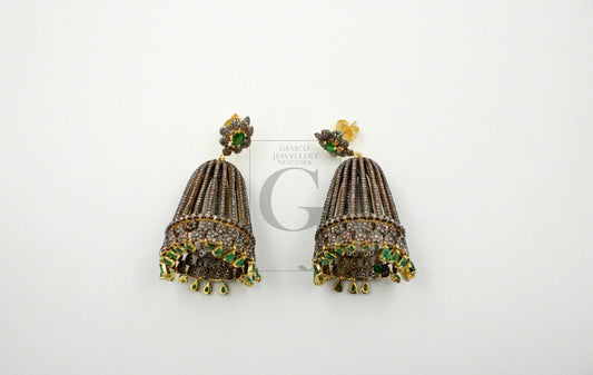 One Of A Kind Designer Emerald Gold Earring Rosecut Pave Diamond Earrings 925 Sterling Silver Handmade Silver Finish Diamond Earrings