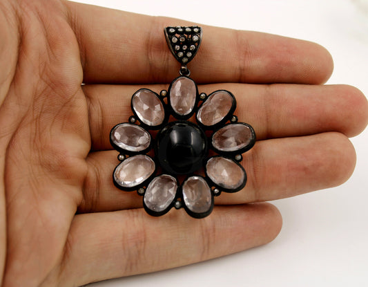 One of a kind Black stone flower designer Rosecut pave diamond pendant 925 sterling silver handmade finish diamond necklace crystal pendant
