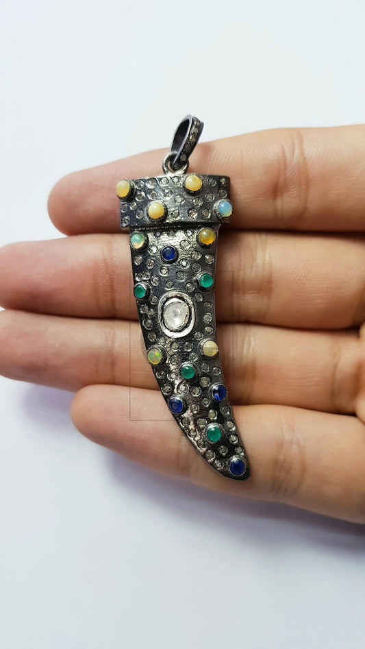 Pave Diamond Pendent, Antique look Rosecut Pave Diamond Pendant, 925 Sterling Silver Handmade Finish ,Diamond Opal Sapphire Emerald Pendent