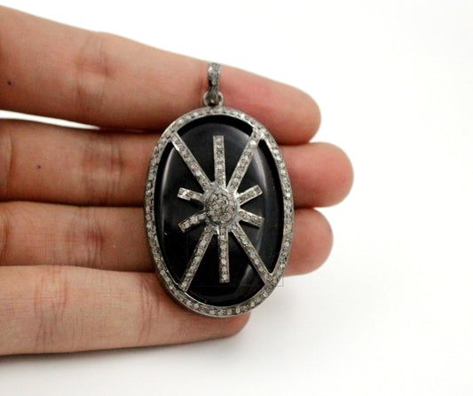 Oval shape  starburst black stone designer Rosecut pave diamond pendant 925 sterling silver handmade finish diamond jewelry necklace pendant