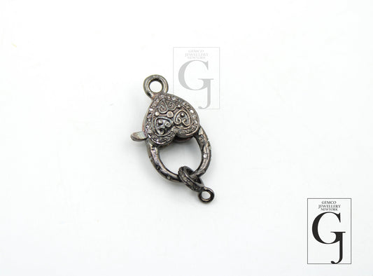 Heart Shape Antique Look Rosecut Pave Diamond  Design Lobster Clasps 925 Sterling Silver Handmade Finish Diamond Necklace Clasp