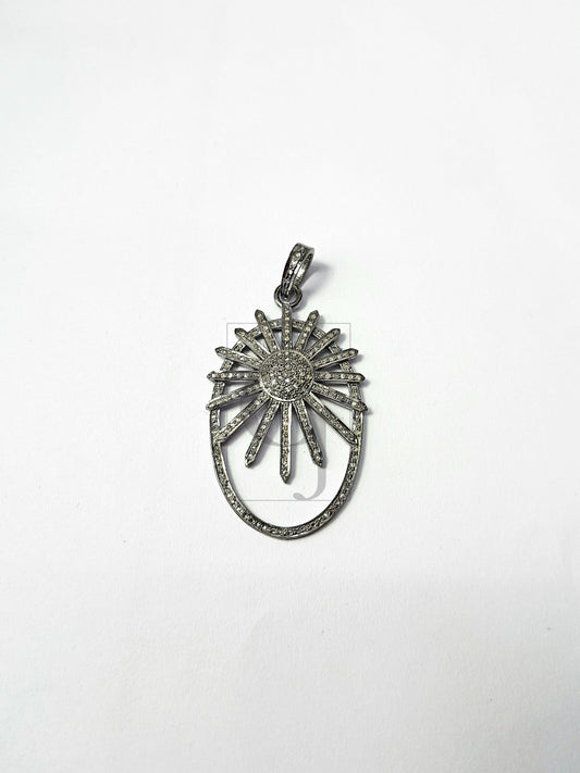 Pave diamond rosecut pendant 925 sterling silver pendant handmade diamond pendant oval shape sunburst pave diamond setting  pendant
