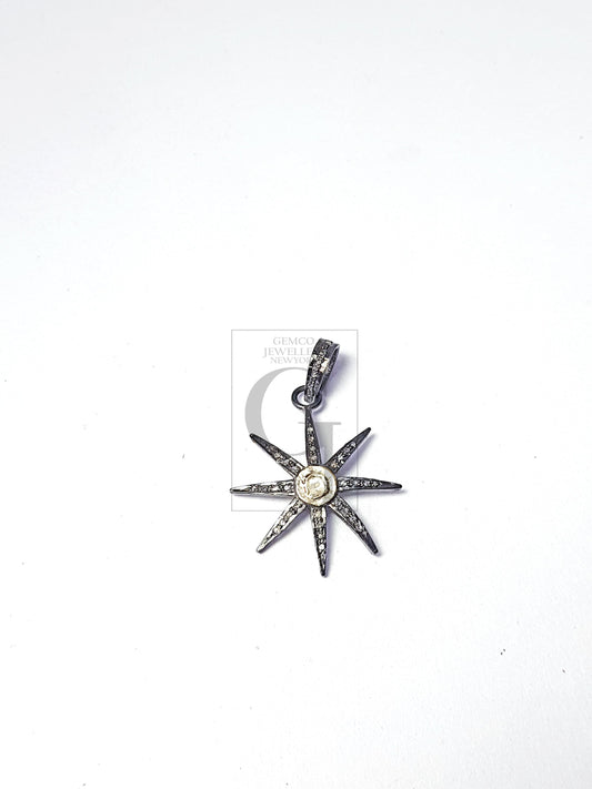 Latest Designer Sunburst Rocecut Pave Diamond Pendant 925 Sterling Silver Handmade Finish Diamond Jewelry