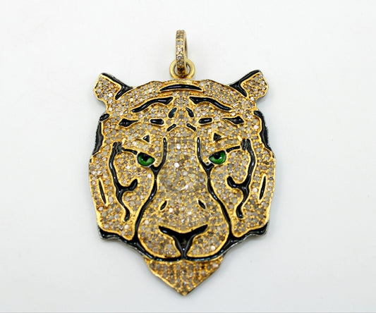 One of a kind panther face designer pendant Rosecut pave diamond pendant 925 sterling silver handmade diamond jewelry necklace pendant