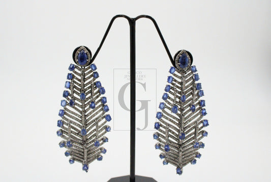 One of a kind kaynite oxidized designer earring Rosecut pave diamond earrings 925 sterling silver handmade silver finish diamond earrings