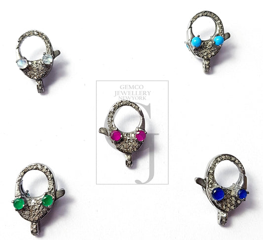 Natural Genuine Sapphire,Emerald,Ruby Both Side Color Stone Clasp Pave Rosecut Diamond 925 Sterling Silver Handmade Clasp Accessory