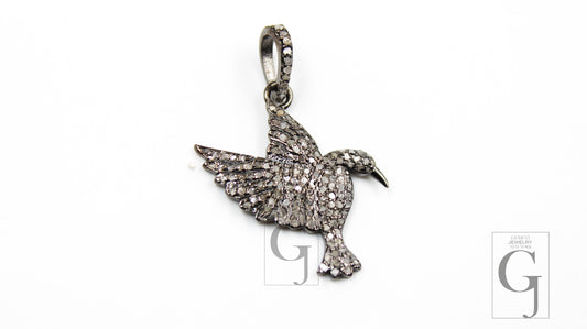 Fashionable oxidized designer bird pendant Rosecut pave diamond pendant 925 sterling silver handmade finish diamond charms necklace pendant