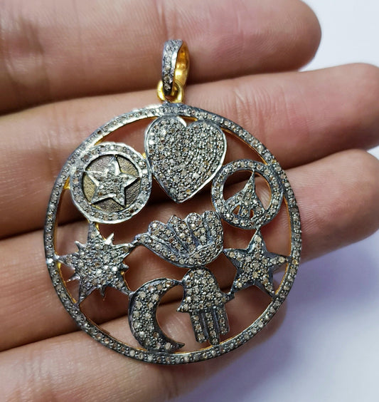 Latest Designer Lucky Charms sign Rosecut pave diamond pendant 925 sterling silver handmade finish circle shaped diamond pendant jewelry