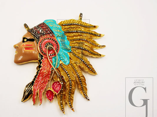 One of a kind enameling design Indian chief pendant designer Rosecut pave diamond pendant handmade finish diamond necklace pendant
