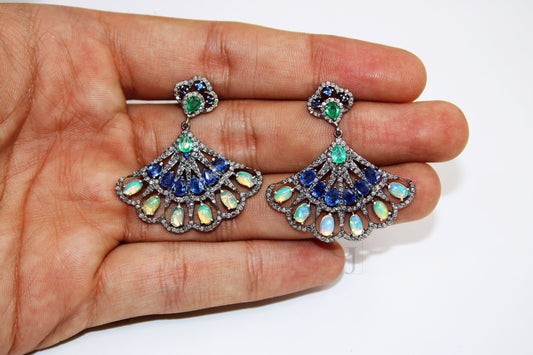 Opal earring, kyanite earring, emerald earring Rosecut pave diamond earrings 925 sterling silver handmade silver finish diamond earring