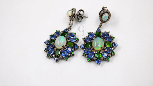 One Of A Kind Opal Earring Designer Earring Rosecut Pave Diamond Earrings 925 Sterling Silver Handmade Silver Finish Diamond Earring