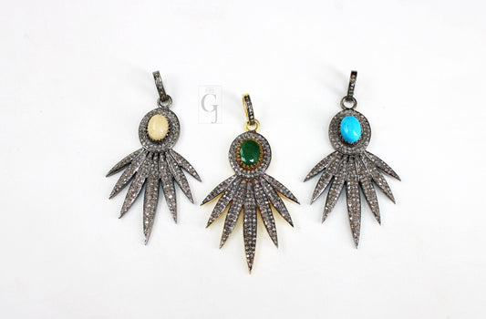 Opal pendant, emerald pendant, turquoise pendant designer Rosecut pave diamond pendant sterling 925 silver handmade finish diamond pendant