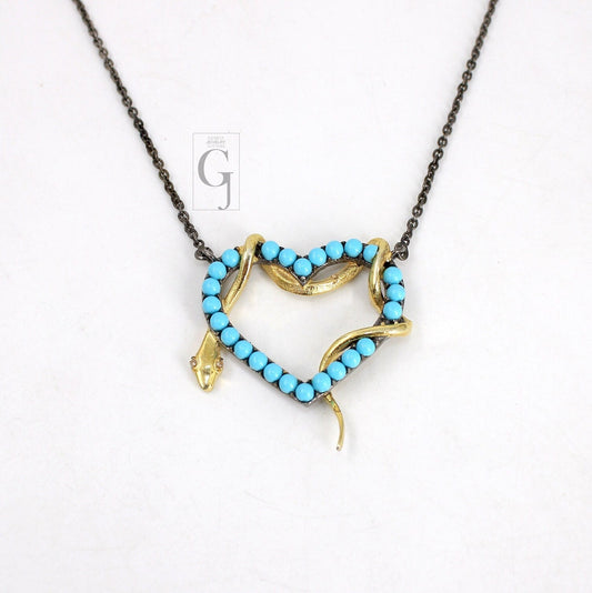 Fashionable heart and snake pendant necklace designer pave turquoise pendant sterling 925 silver handmade finish turquoise charms pendant