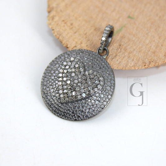 Oxidized look heart pendant designer Rosecut pave diamond pendant sterling 925 silver handmade finish diamond charms necklace pendant