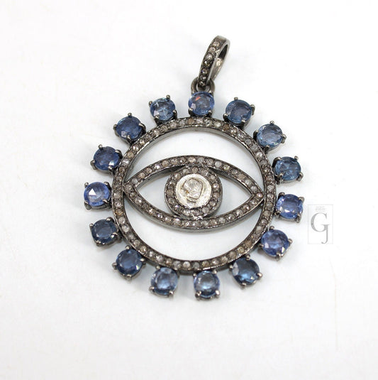 Polki Evil Eye Bluesapphire Pendant Designer Rosecut Pave Diamond Pendant 925 Sterling Silver Handmade Finish Diamond Charm Necklace Pendant