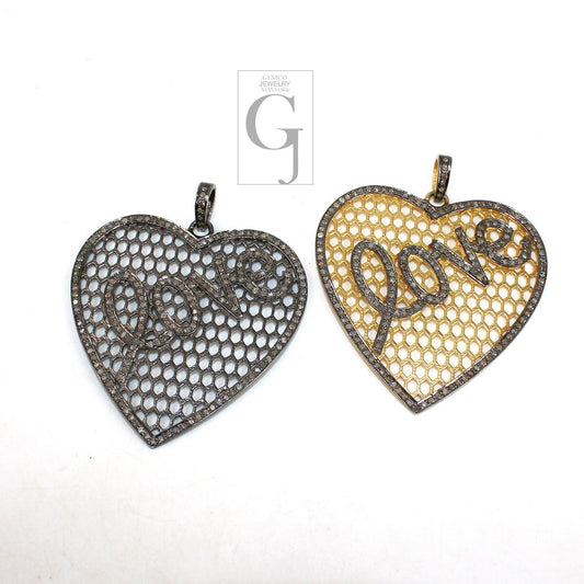 Oxidized Finish Love Heart Pendant Rocecut Pave Diamond Love Pendant 925 Sterling Silver Handmade Finish Love Diamond Pendant Jewelry