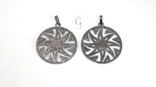 Oxidized Finish Starburst Pendant Designer Rosecut Pave Diamond Pendant Sterling 925 Silver Handmade Finish Diamond Charms Necklace Pendant