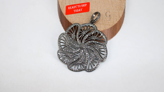 One of a kind flower designer pendant Rosecut pave diamond pendant 925 sterling silver handmade finish diamond jewelry necklace pendant