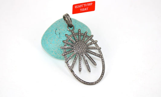 oval shape sunburst pendant Pave diamond rosecut pendant 925 sterling silver pendant handmade diamond pendant  pave diamond setting  pendant