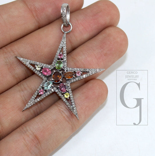 Multi tourmaline star pendant designer Rosecut pave diamond pendant 925 sterling silver handmade finish diamond charms necklace pendant
