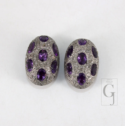 Pave Diamond Amethyst Bead / Spacers Design Pave Diamond 925 Sterling Silver Handmade Jewelry Diamond Jewelry Fine Supplies 17mm