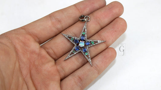 Opal  Emerald Kyanite Star Pendant Designer Rosecut Pave Diamond Pendant 925 Sterling Silver Handmade Finish Diamond Charms Necklace Pendant