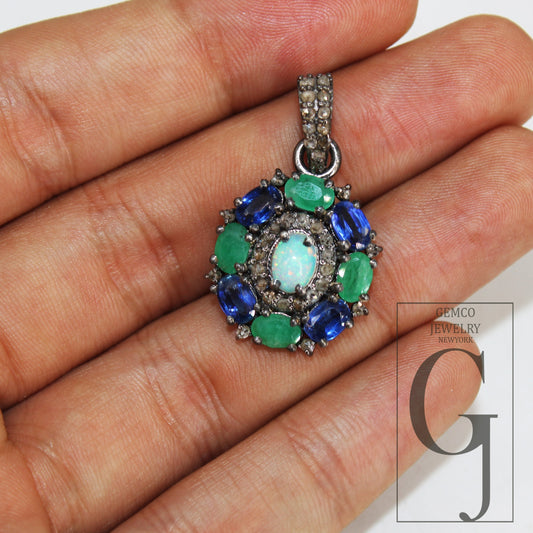 Opal emerald kyanite pendant designer Rosecut pave diamond pendant 925 sterling silver handmade finish diamond charms necklace pendant