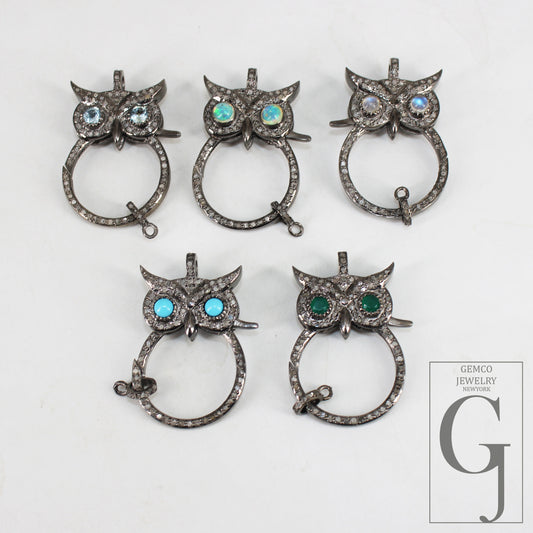 Owl designer clasp Rosecut pave diamond screw design spring clasps 925 sterling silver handmade finish diamond/sapphire/ruby/emerald clasps