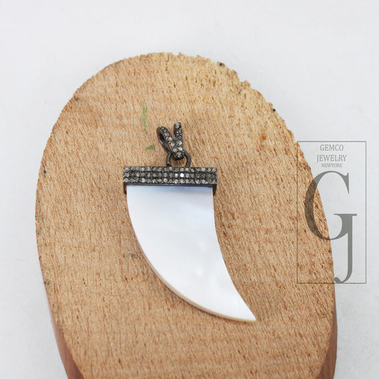 Mother of pearl tiger tooth pendant designer Rosecut pave diamond pendant 925 sterling silver handmade finish diamond charm necklace pendant