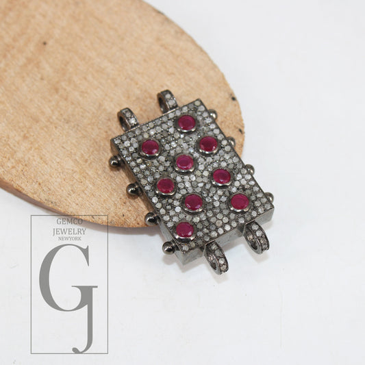 Oxidized Finish Red Ruby Diamond Bracelet Necklace Connector Handmade 925 Sterling Silver Jewelry Pave Diamond Accessories