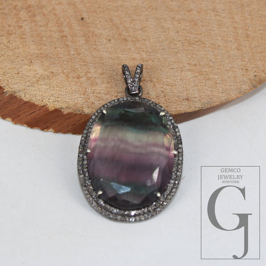 One of a kind Fluorite pendant designer Rosecut pave diamond pendant 925 sterling silver handmade finish diamond charms necklace pendant