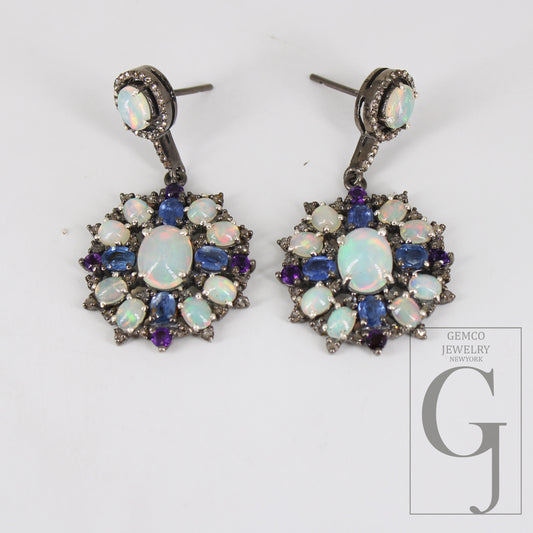 One Of A Kind Opal Earring Designer Earring Rosecut Pave Diamond Earrings 925 Sterling Silver Handmade Silver Finish Diamond Earring