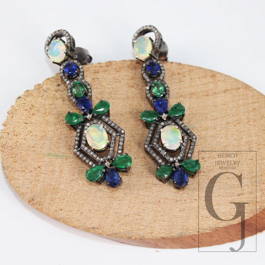 Opal Earring, Kyanite Earring, Emerald Earring Rosecut Pave Diamond Earrings 925 Sterling Silver Handmade Silver Finish Diamond Earring