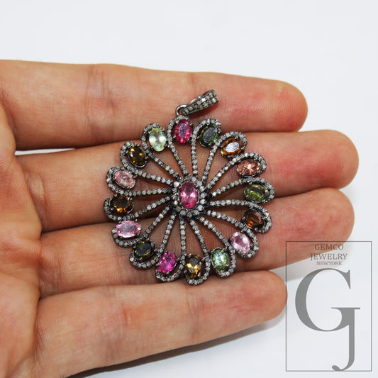 Multi tourmaline designer pendant Rosecut pave diamond pendant 925 sterling silver handmade finish diamond charms necklace pendant