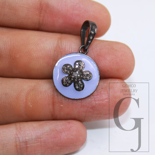 Lavender Enameling Flower Pendant Designer Rosecut Pave Diamond Pendant Sterling 925 Silver Handmade Finish Diamond Charms Necklace Pendant
